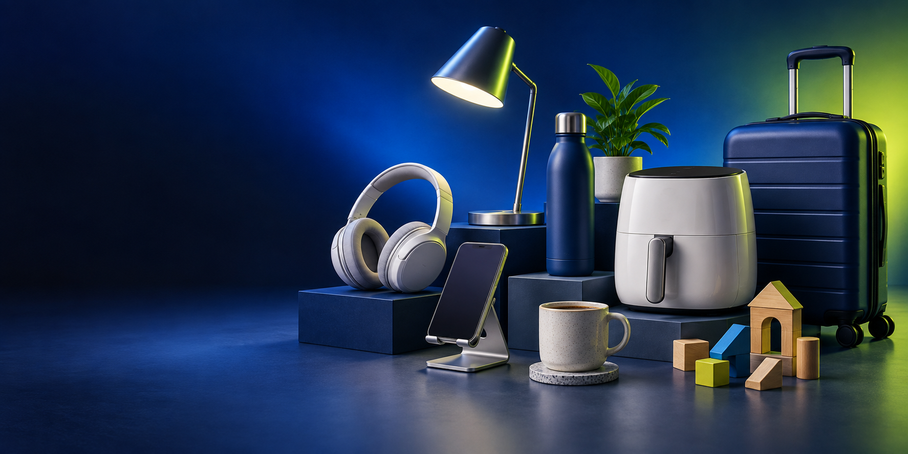 A curated selection of useful everyday products including a lamp, headphones, bottle, kitchen appliance, suitcase and building blocks